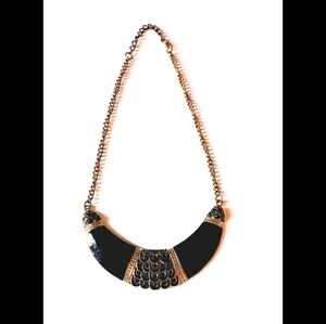 Vintage 80s Black Enamel & Gold Tone Metal Statement Necklace Egyptian Revival